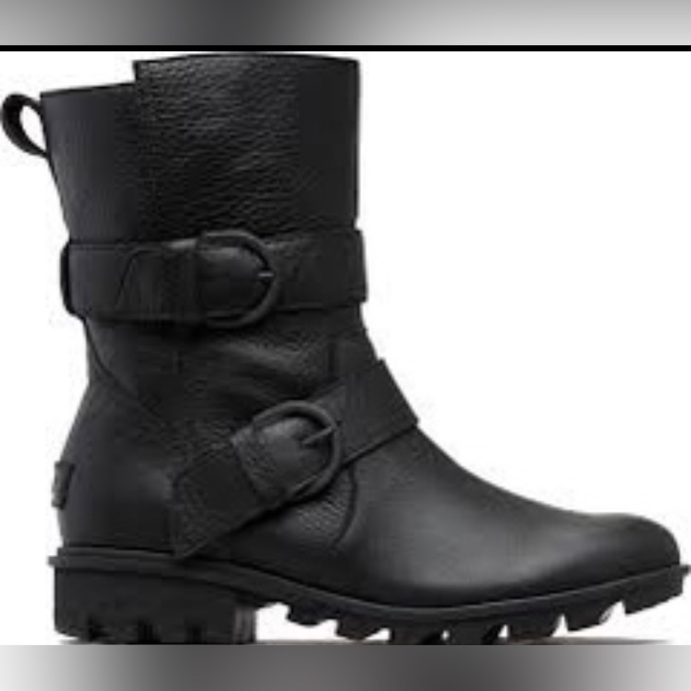 Sorel Womens Black Leather Phoenix Boots Moto Waterproof Buckled Size 7